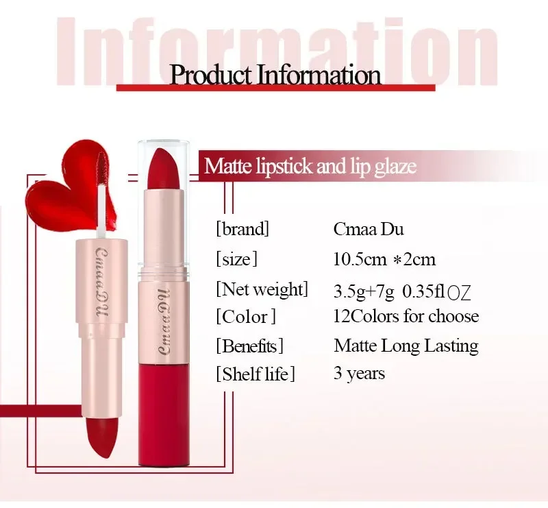 CmaaDu 12color 2In1 24HR Locked Kiss Weightless Colour Waterproof Matte Lipgloss Lipstick Long Lasting Lipstick Makeup Cosmetic