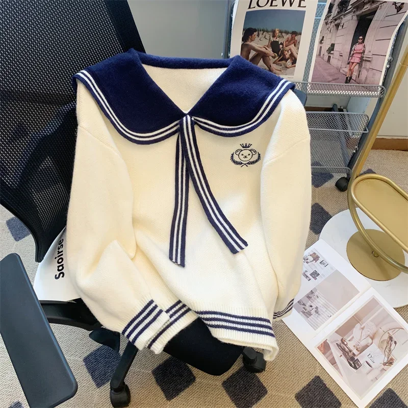 Japanese Cute Bear Embroidered Knit Sweater Women Preppy Style Sailor Collar Jk Knit Top Student Loose Casual Sweater Female