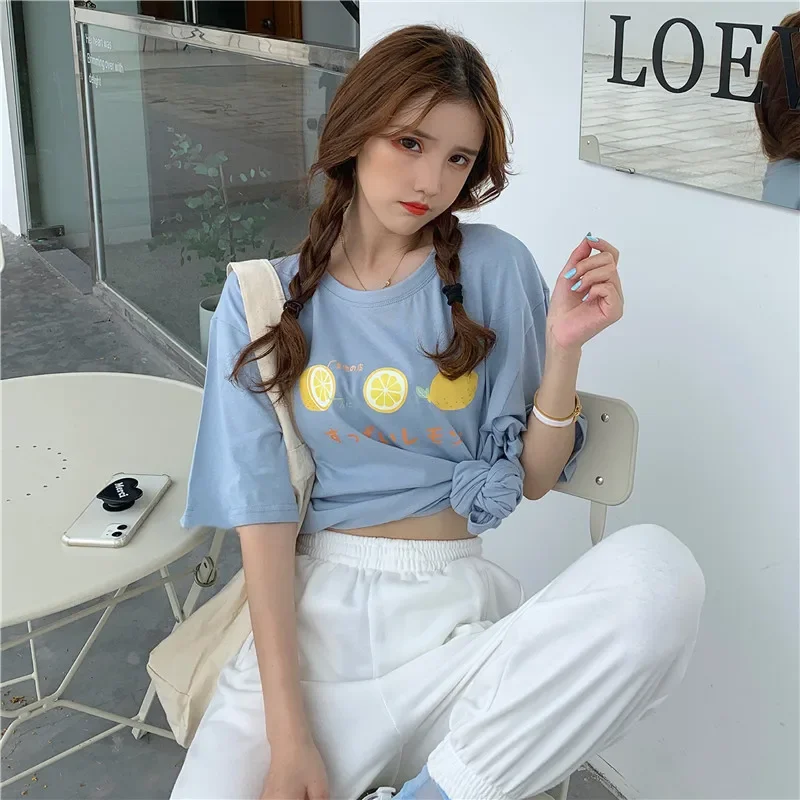 New Women Chic Cartoon Fruit Tops Kawaii Short Sleeve T-shirts Cottagecore Tees Girl Spring Summer Fashion Casual Loose T-shirts