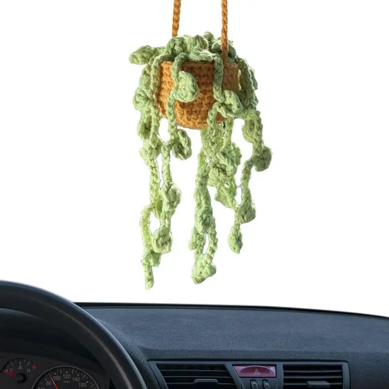 Car Mirror Crochet Plants Hang Baskets Potted Crochet Decor For Car Mirror Car Mirror Hang Accessories Handmade Knitted Rear