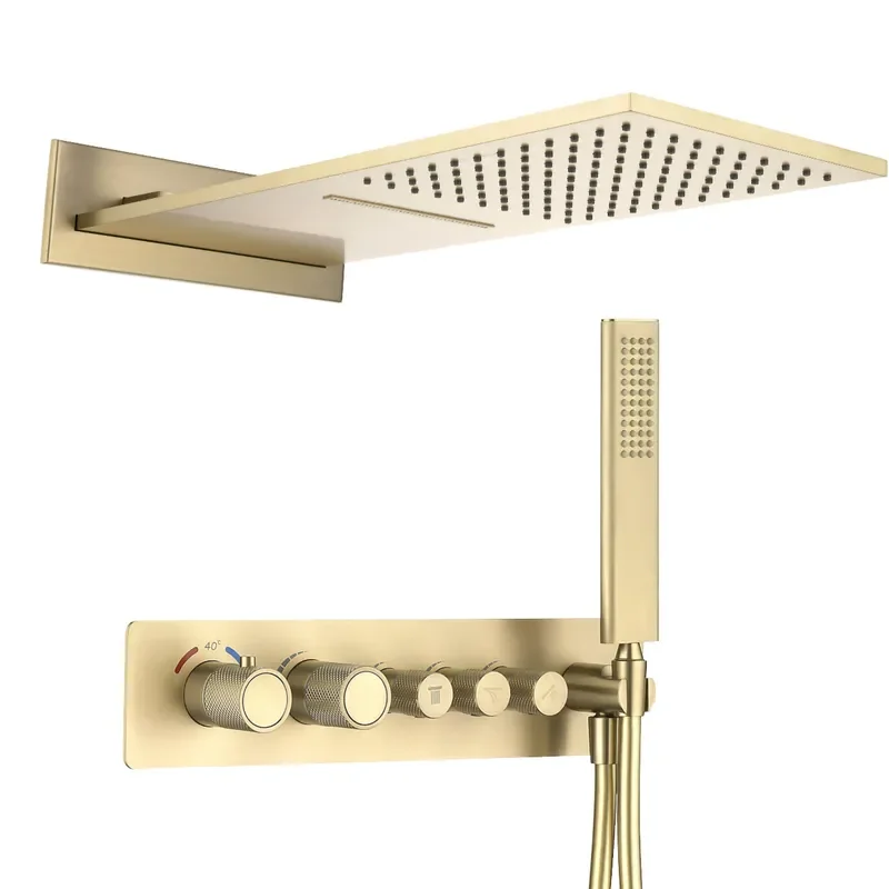 High Quality Brass Concealed Thermostatic Shower Faucet Brushed Gold with Soft Rainfall Waterfall Massage Spray Installation