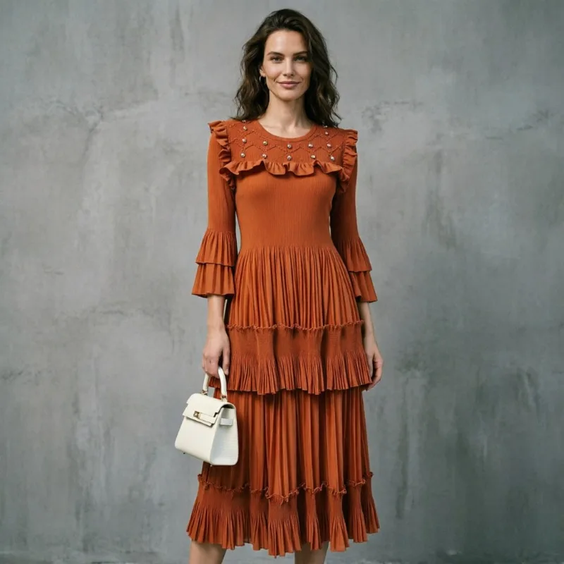 Miyake Pleated Dresses Plisse 2026 Autumn New Dress Beaded Ruffle Edge Decorated Lotus Sleeve Layered Pleats Solid Color Dress