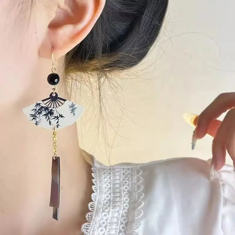 Steel Fun Jewelry New Chinese Style Fan Shell Pendent Long Tassel Dangle National Style Earrings for Women Jewelry Gift 2024 ﻿