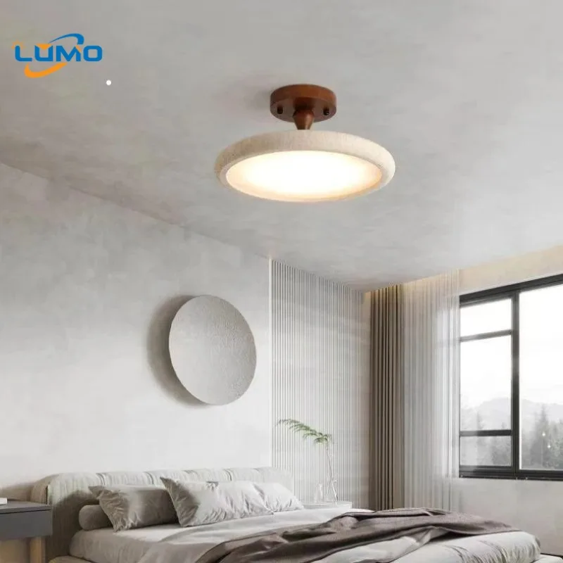 Japanese Retro Wooden Base LED Ceiling Lights Dimmable Bedroom Living Room Study Hotel Rotundity Yellow Travertine Hanging Lamps