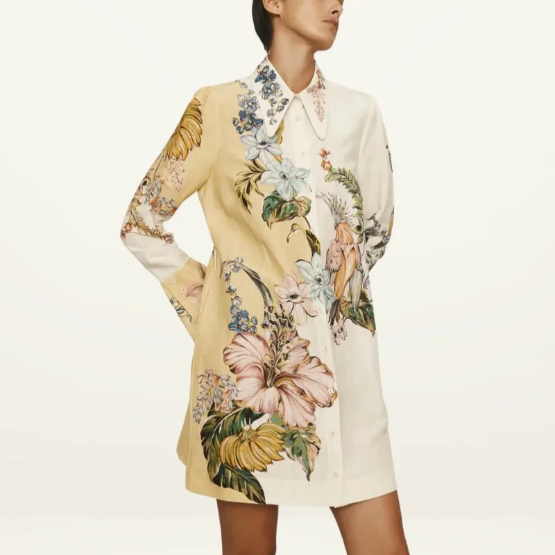 

2025 Cotton Linen Print Casual Flare Sleeve Dress Women Custom Suit
