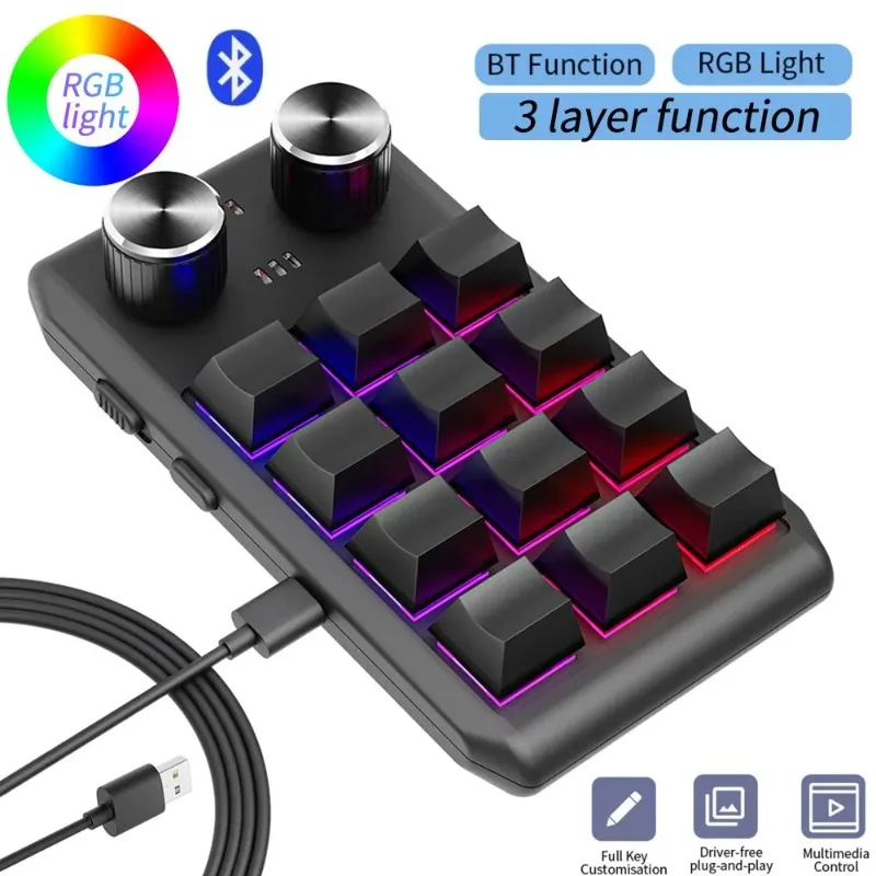 Macro Custom 2 Knob Bluetooth Keyboard, RGB, 12 Key, Mini Button, Gaming Keypad, Mecânica Hotswap Macropad, Ultra-fino