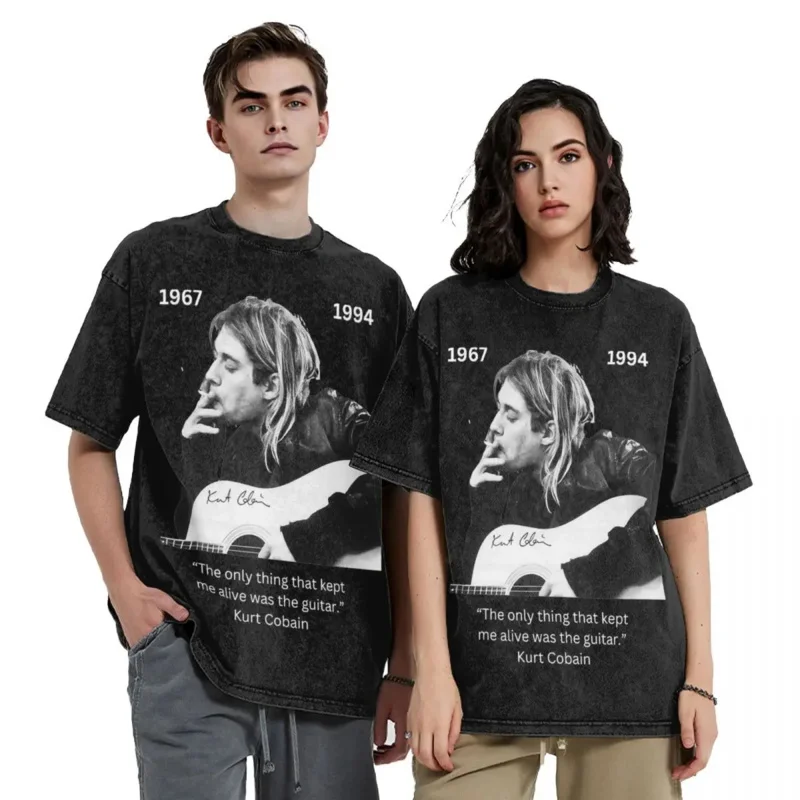 Washed T shirts Kurt Cobain guitar hip hop novelty T-shirt oversize streetwear short sleeve summer tops tops tees for men women