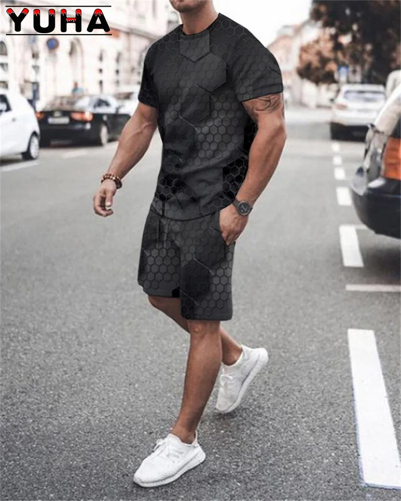 YUHA, traje de tendencia de verano para hombre, conjunto de pantalones cortos de playa informales, ropa con estampado 3D, camiseta de cuello redondo