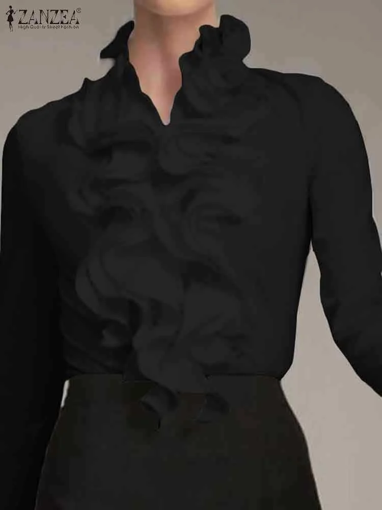 ZANZEA Elegant Women Blouse Ruffles Tops Fashion Long Sleeve Shirts Flounce Blu… - Image 2