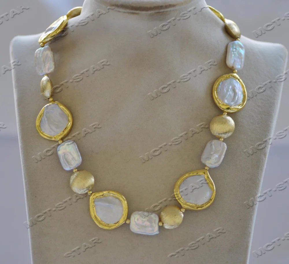 SZ12737 Set 25mm White Coin Gold-Plated Square Coin Pearl Necklace Bracelet Earring