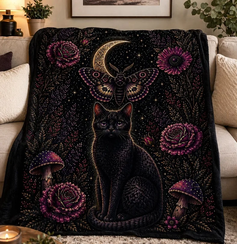 Black Cat Moon Blanket, Gothic Floral Throw Blanket Dark Academia Decor Witchy Cat Gift Celestial Moth Blanket, Cozy Plush Throw