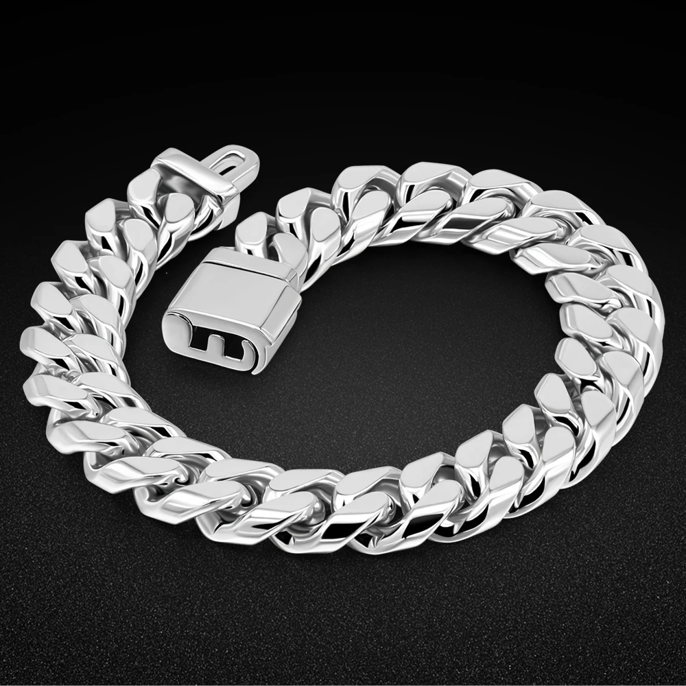 Men Bracelet Hip Hop Style 925 Sterling Silver 12mm widh Miami Cuban Chain Men Hand Chain Bracelet Male Accessories Jewelry