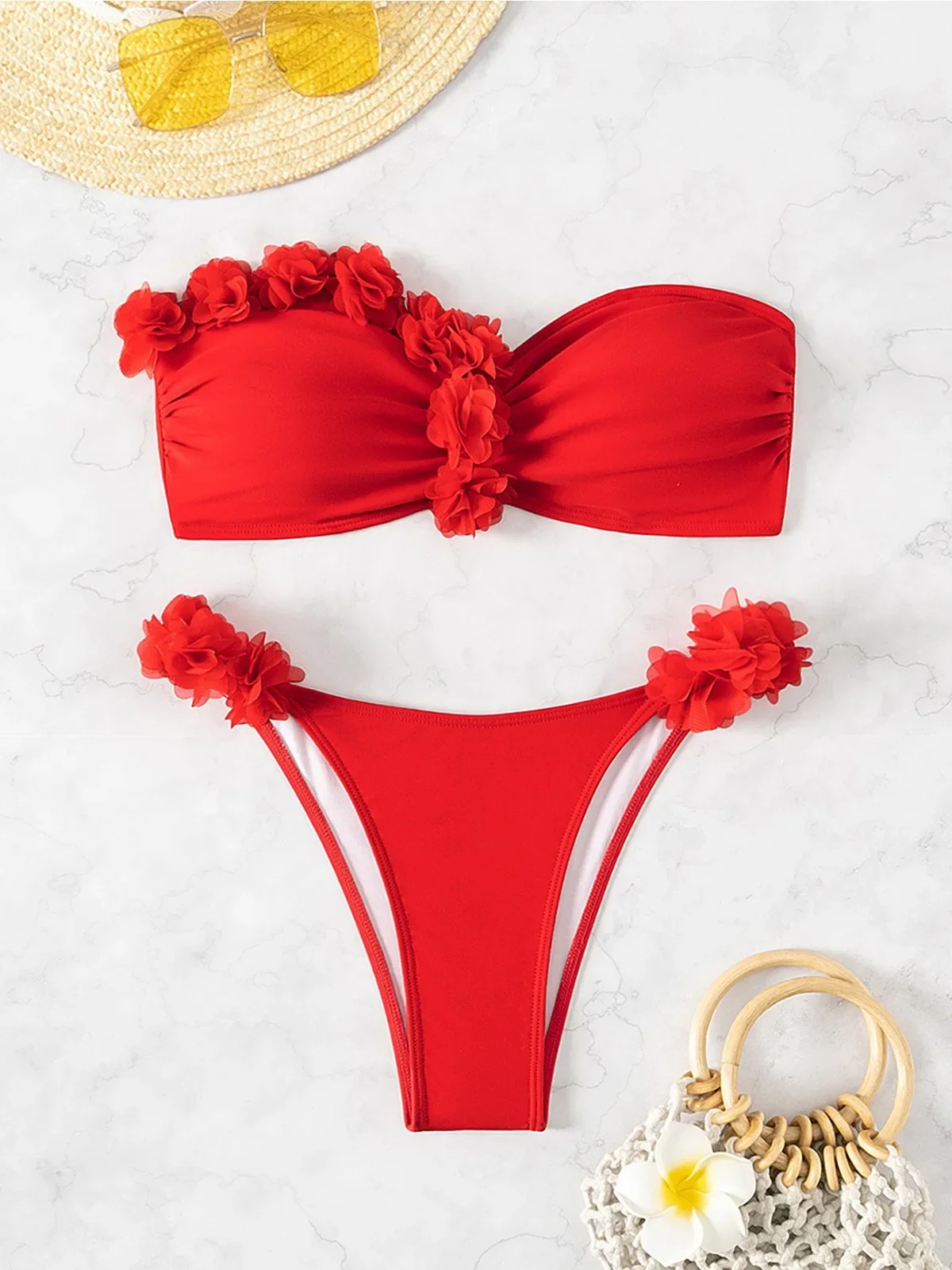 Cor sólida vermelho 3d flor maiô de duas peças sexy sem alças bandeau bikini conjunto sem costas tanga praia férias banho 2024 novo