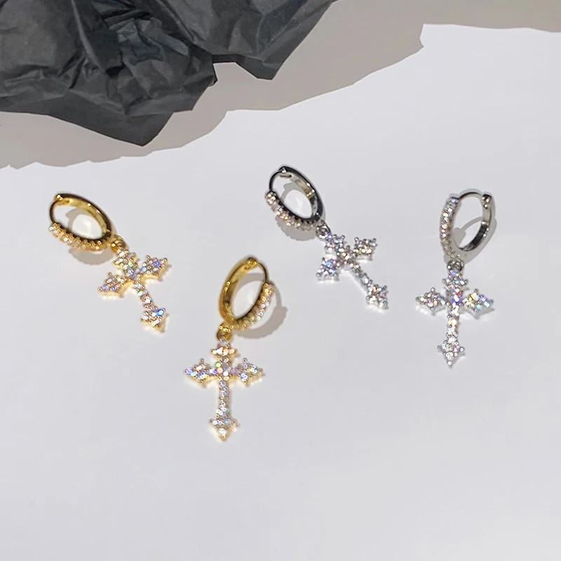 

PONYKISS Tibetan Silver Full Zircon Cross Pendant Hoop Earring for Women Minimalist Punk Fashion Jewelry Personality Accessories