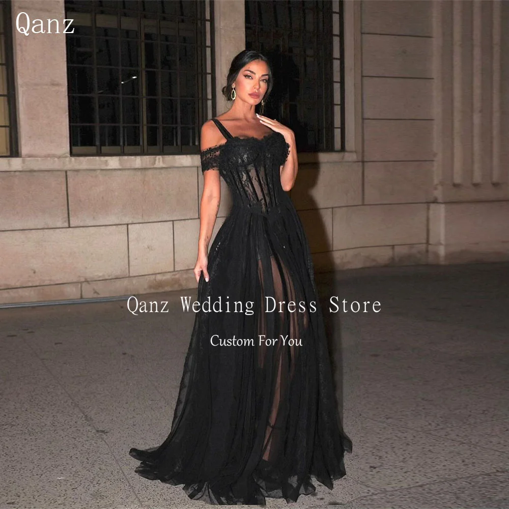 

Qanz Sexy Black Lace Women Evening Formal Dresses Spaghetti Straps See Through Long A Line Special Occasion Party Gowns 2024