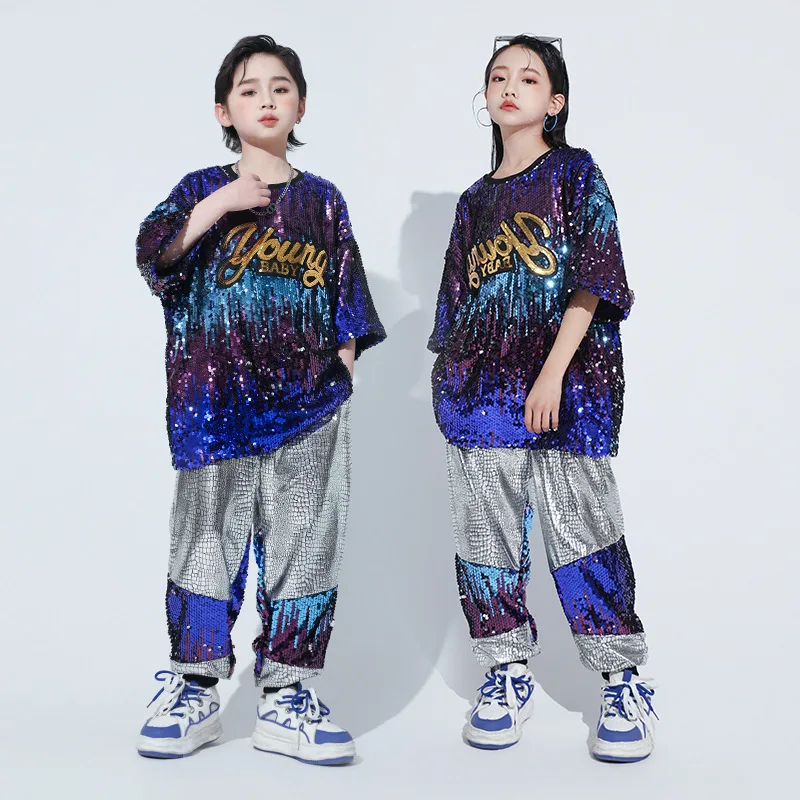 

Kid Cool Hip Hop Clothing Sequined Oversized T Shirt Silver Casual Jogger Pants Shorts for Girl Boy Jazz Dance Costume Clothes