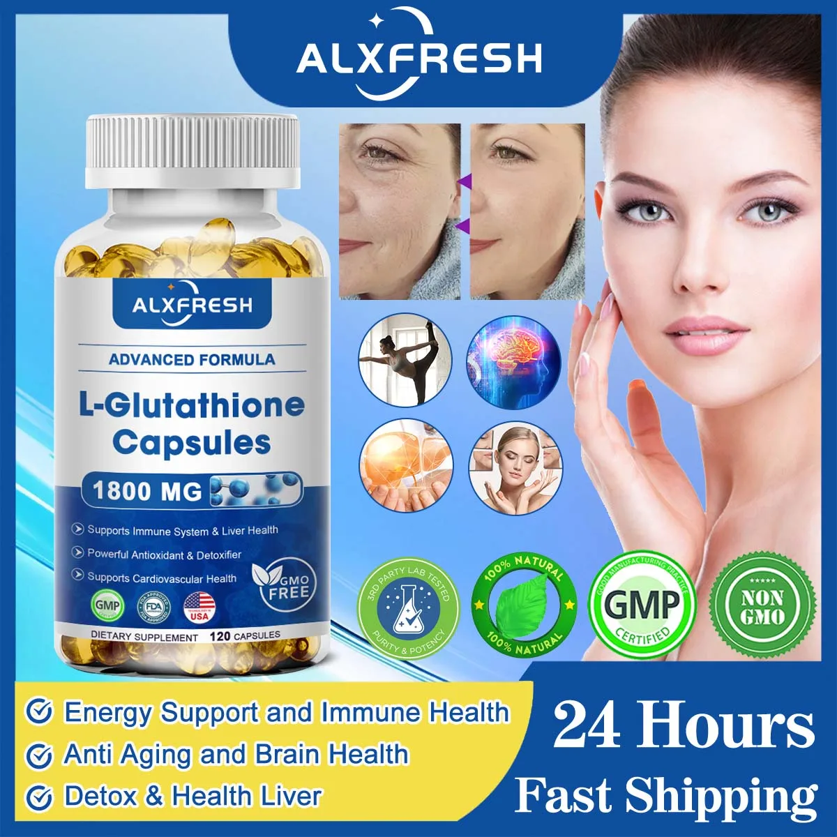 Glutathione Capsules Whitening Beauty Skin Care and Anti-Aging Antioxidant Supplements Enhance Immune System and Skin Health