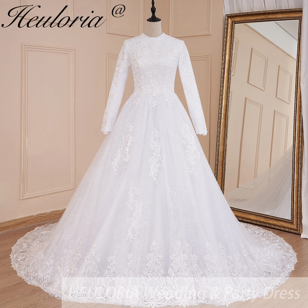 

HEULORIA Muslim ball gown Wedding Dress long sleeve round neck plus size robe de mariee Lace beading bride dress court train