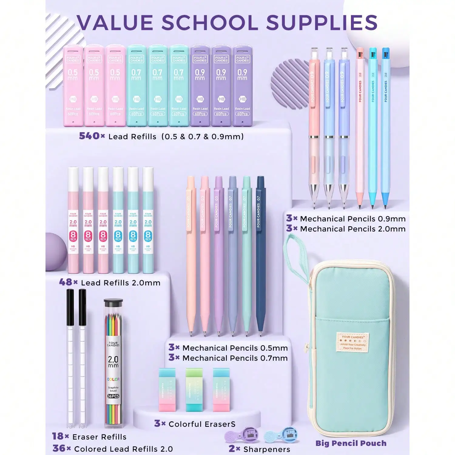 Four Candies 36PCS Mechanical Pencil Set, 0.5-2.0mm Lead Refills School Stationery Gift