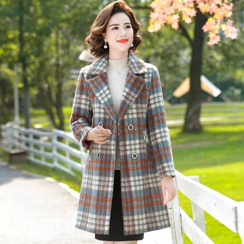 Mother Winter Woolen Coat Fashion Long Plaid Blazer Middle Age Women Korean Double-breasted Wool Jacket Lady Grid Windbreaker