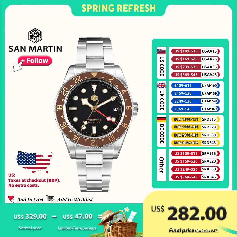 

San Martin 39mm Vintage Men Watch With Root Beer Style Bezel NH34 GMT Automatic Mechanical Watches Sapphire Waterproof SN0109