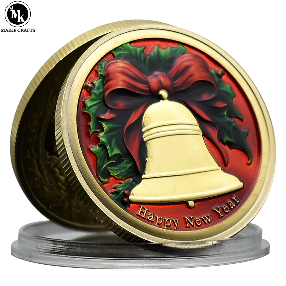 

2024 Happy New Year Commemorative Coin Metal Santa Claus Wreath Bell Reindeer Challenge Coin Collection Christmas Gift