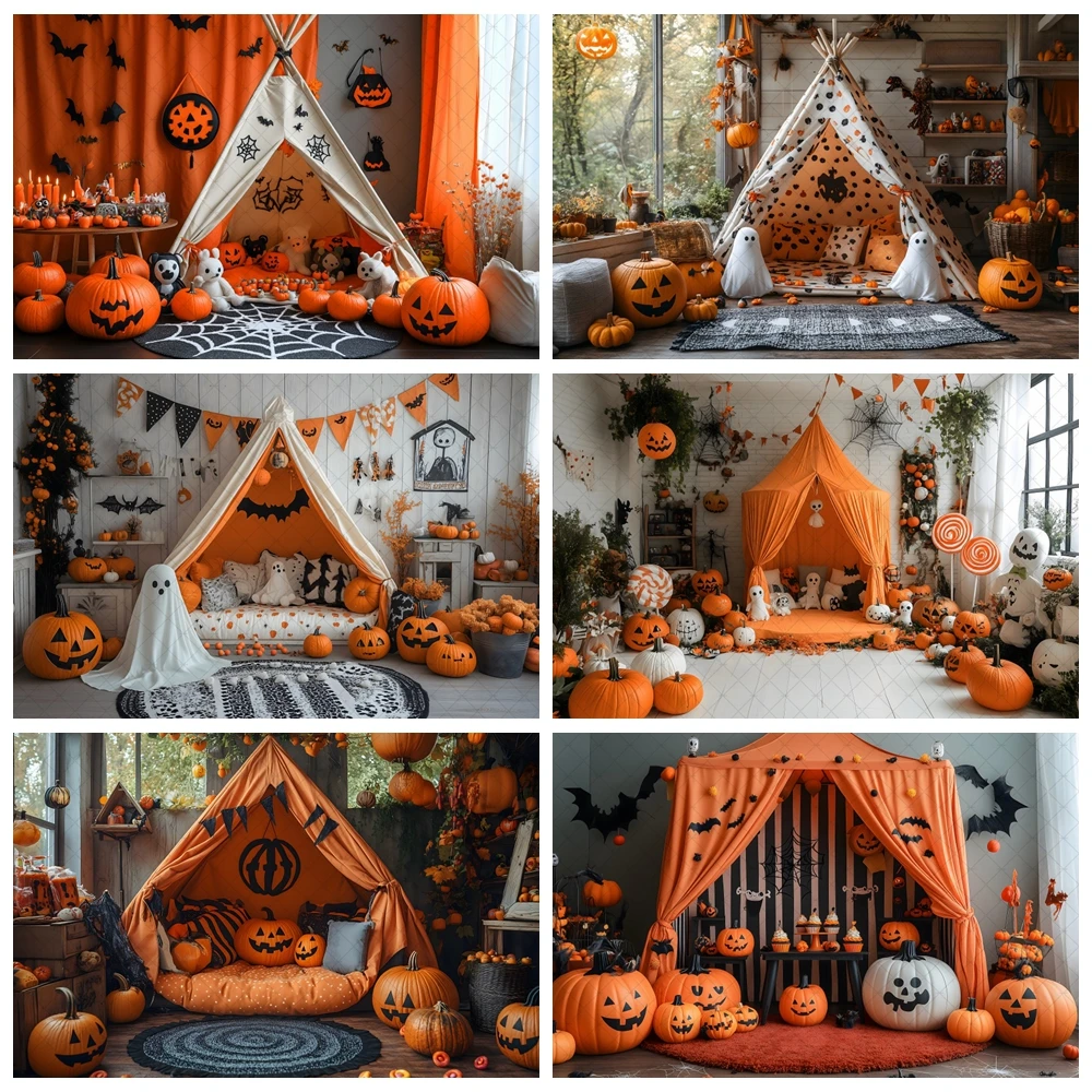 Halloween Backdrop Baby House Party Photo Background Pumpkin Ghost Candy Tent Lollipop Decoration for Photography Studio