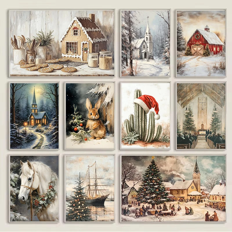 

Winter Landscape Christmas Holiday Horse Bunny Church Barn Poster and Prints Painting Wall Pictures for Living Room Home Decor
