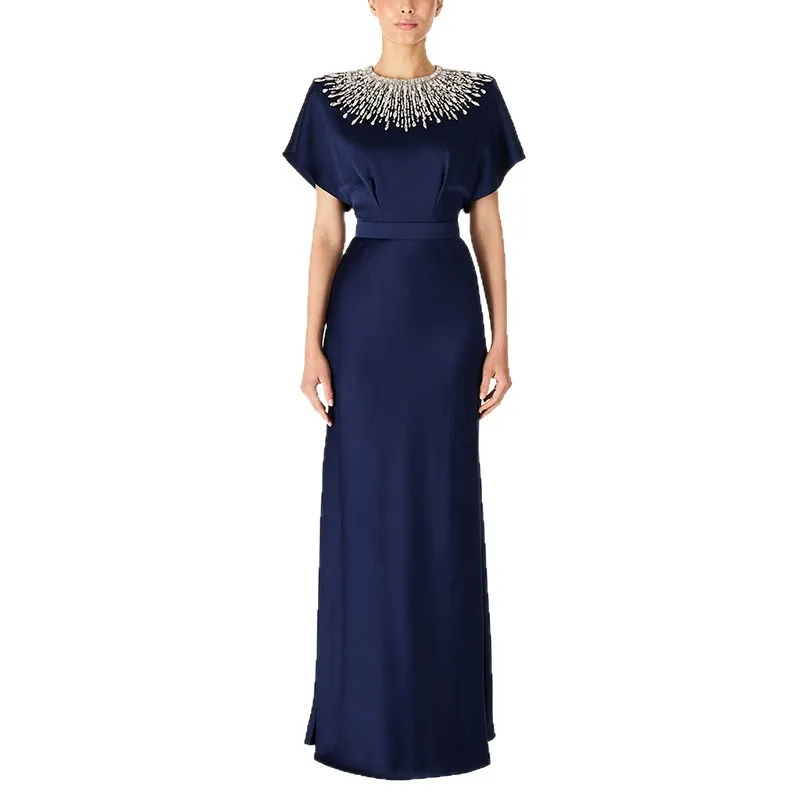 

Hot Selling Long Dress 2026 New Backless Bright Satin Heavy Industry Beads Diamond-Embedded Long Dress