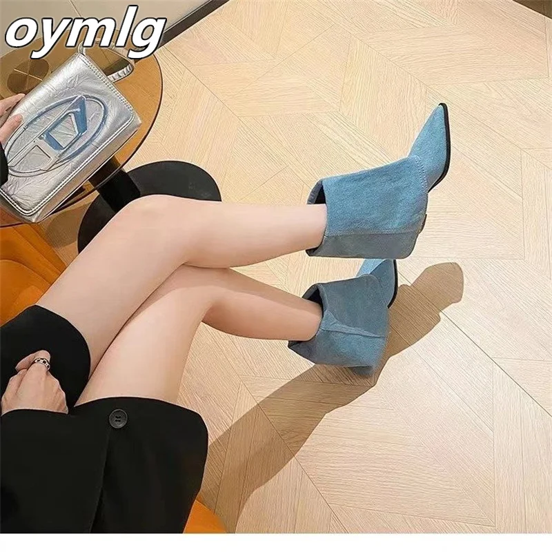 

Denim short low leg cuffed pants boots Knight work clothing Fashion boots Sleeve thick low heel autumn women's boots