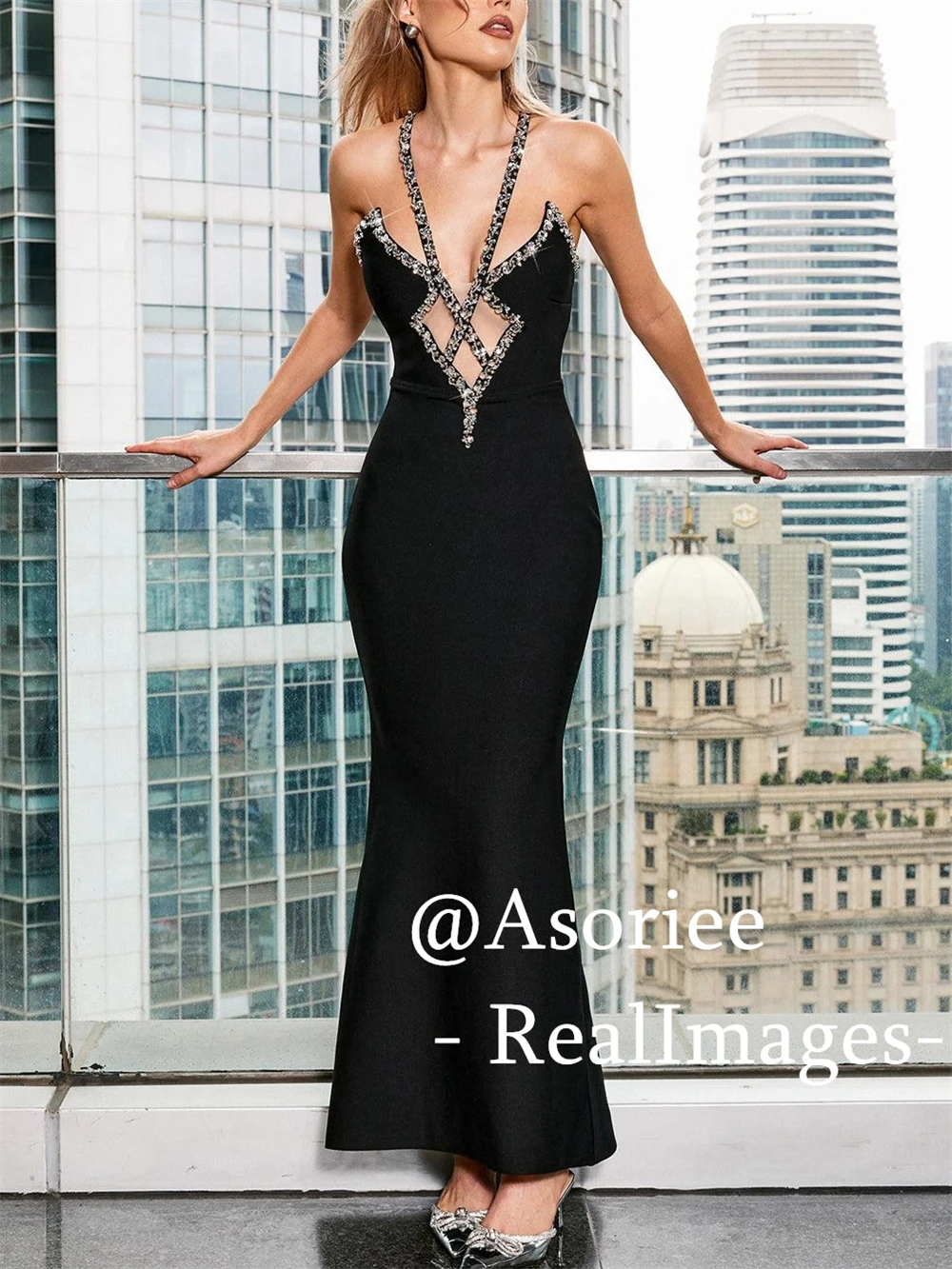 

Asoriee - Crystal Bandage Maxi Dress for Women Spaghetti Straps Formal Evening Dresses Floor Length Party Gown