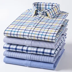 Men's 100% Cotton Shirt Long Sleeve Plaid Oxford Casual Solid Color Print Regular Fit Formal Dress Shirt Oversized 7XL 6XL 5XL