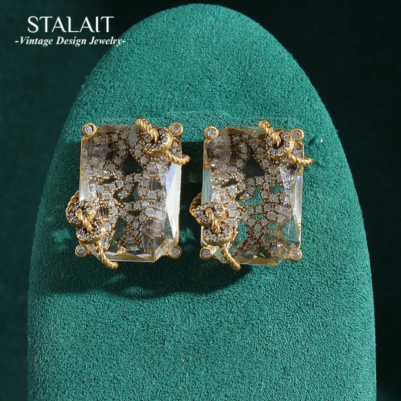 

Luxury Designer Transparent Crystal Earrings Stud Rhinestones Square Winding Gold Color Vintage Jewelry High Quality Accessories