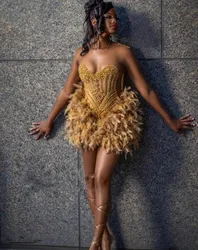 Gold Luxury Black Girl Short Prom Homecoming Dress customsized Sparkly Diamond Crystal Feather Birthday Queen Party Gown