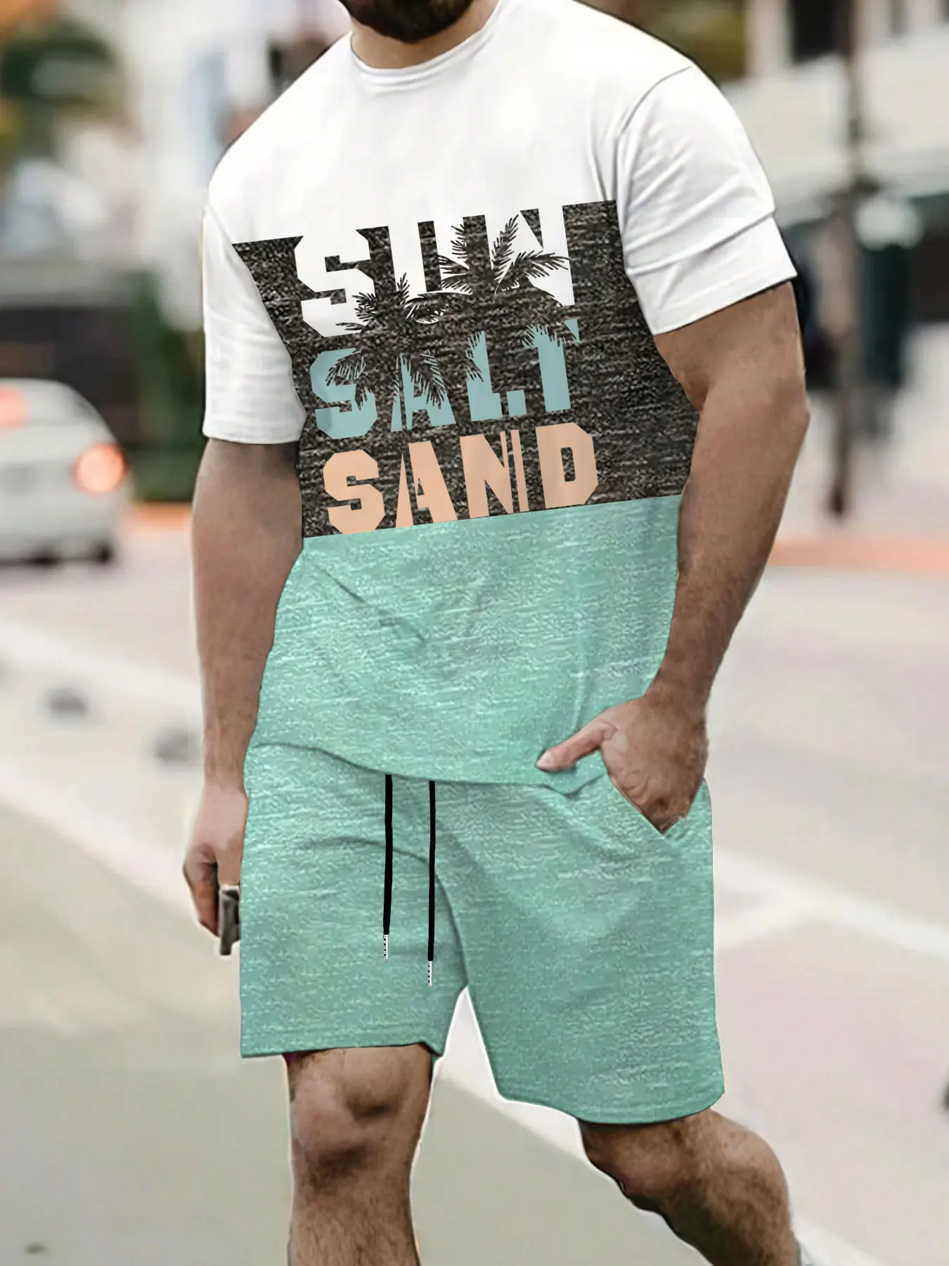 

Men's Summer 3D Color Block Breathable Casual Vacation English Letter Print Short Sleeve T-Shirt with Drawstring Shorts Set