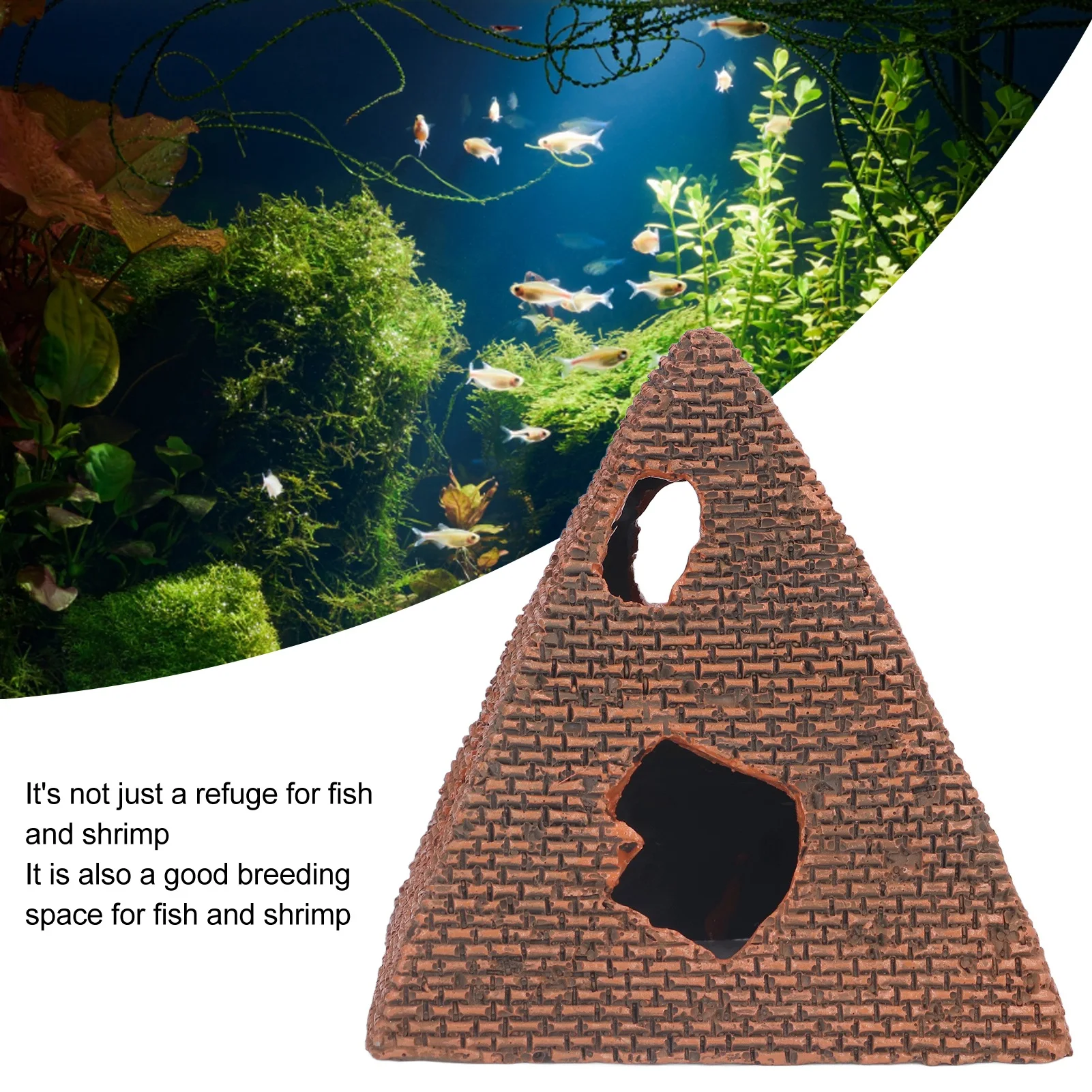 Resin Craft Aquarium Ornament Pyramid Shape Ancient Ruins Style Fish Tank Decoration Hollow Openings Textured Surface