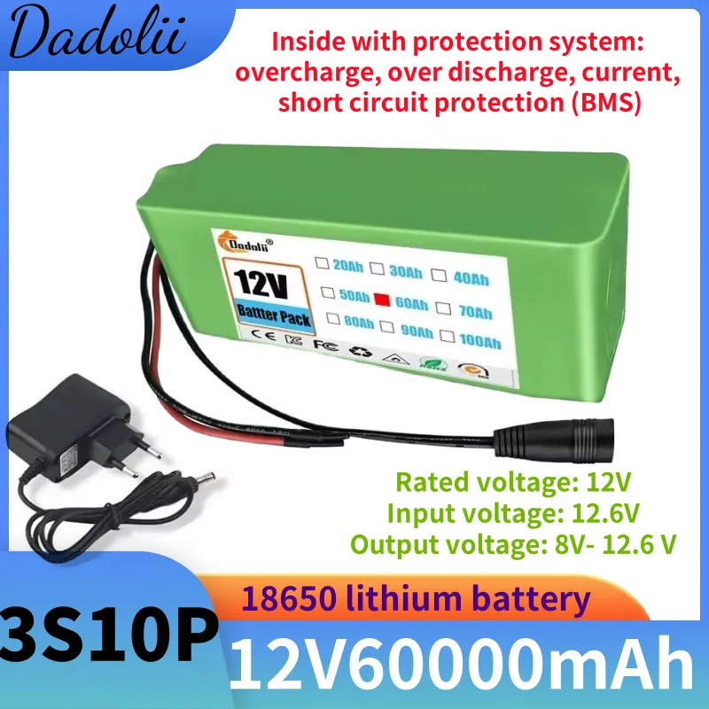 12V 60Ah Battery Pack 3S10P 18650 Lithium Ion Rechargeable Battery for Camera Electric Toy LED Lighting Batteries with Charger