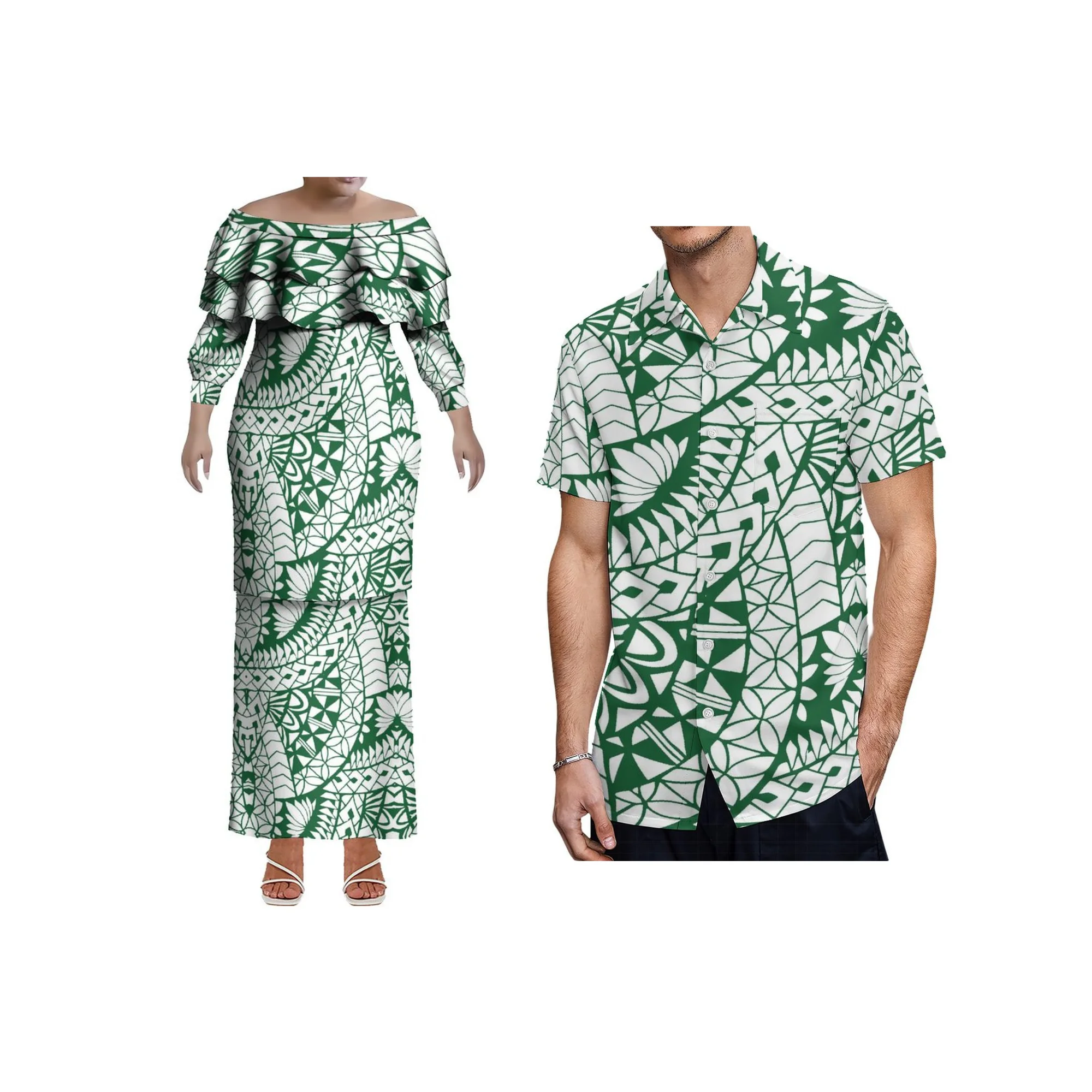 Tax Included Polyensian Tribal Print Custom Lady Plus Size Long Sleeve Prom Dress Samoa Puletasi Dress 2pcs