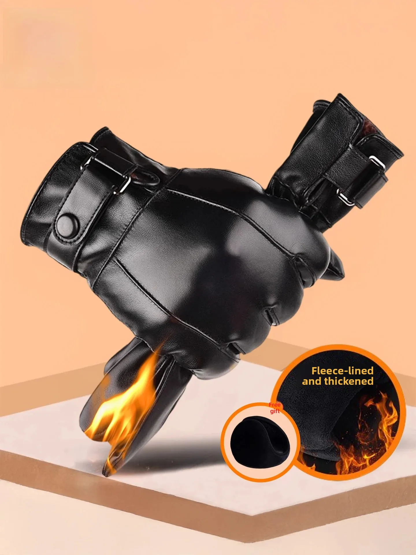 Men's Winter Motorcycle Riding Leather Gloves Fleece Lined Thickened Warm Windproof Waterproof Touchscreen Compatible