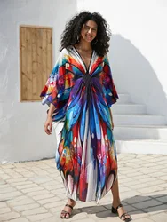 2024 lato Plus Size Mrs Roper szata z dekoltem w serek z krótkim rękawem damska Kaftan strój kąpielowy z nadrukiem Boho, zakrywający przytulną sukienkę Q1634