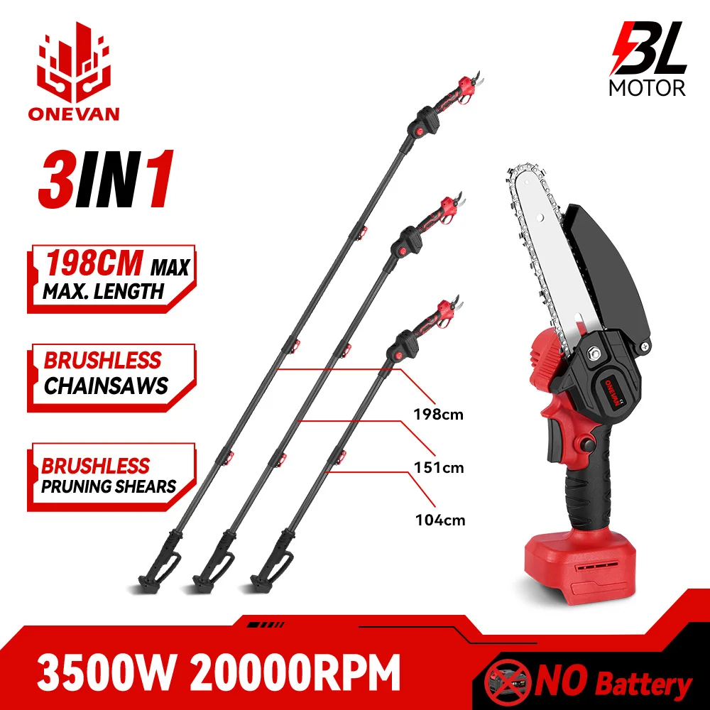 ONEVAN 198CM 3500W 3in1 Brushless Electric High Pruning Chainsaw & Shears Scissors With Telescoping Pole For Makita 18V Battery