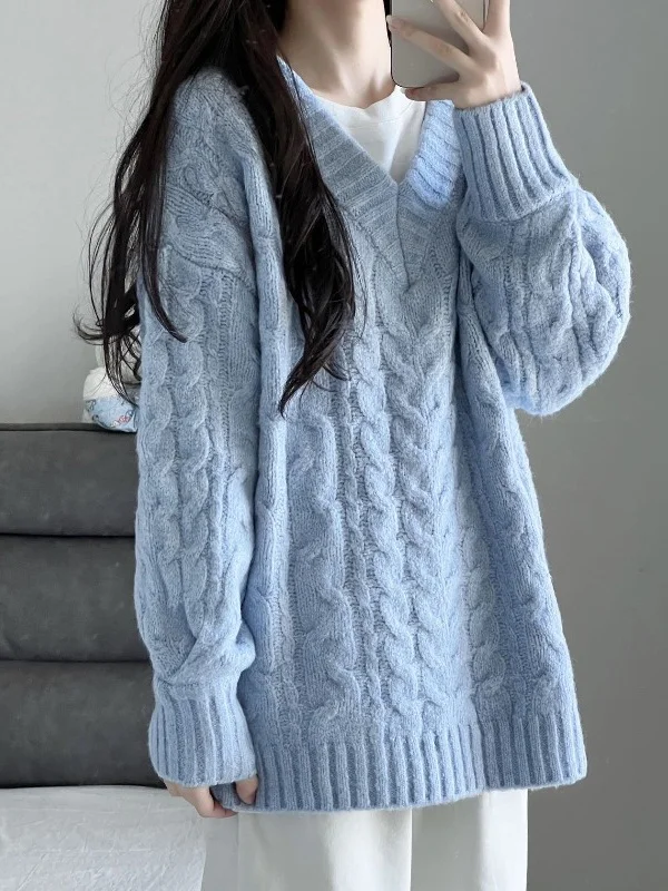 

Синий вязаный свитер Lazy Sle Thiened, женский осенне-зимний новый поступление, высококачественный свободный крой V-Ne Long Sve Top