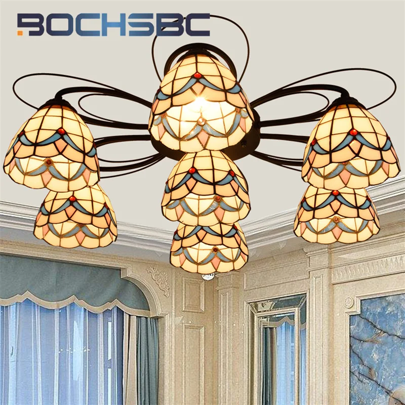 BOCHSBCTiffany glass multi-head ceiling light deco the living room dining room bedroom retro style warm warm color pendant light