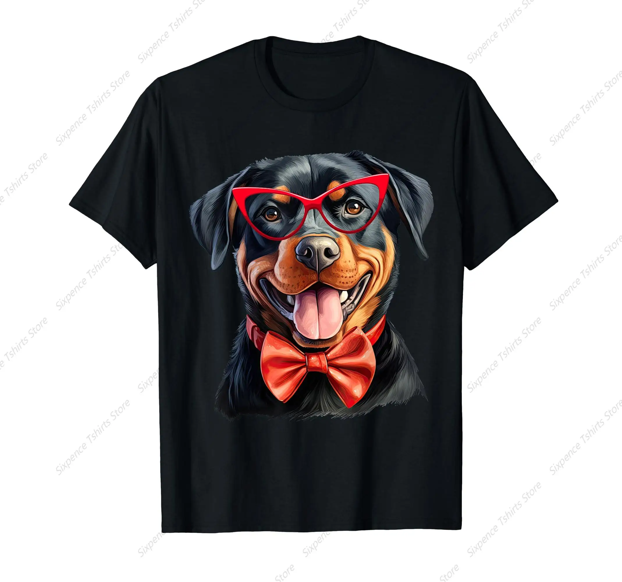 Rottweiler Dog Wearing Red Glasses And Bow Tie T-Shirt