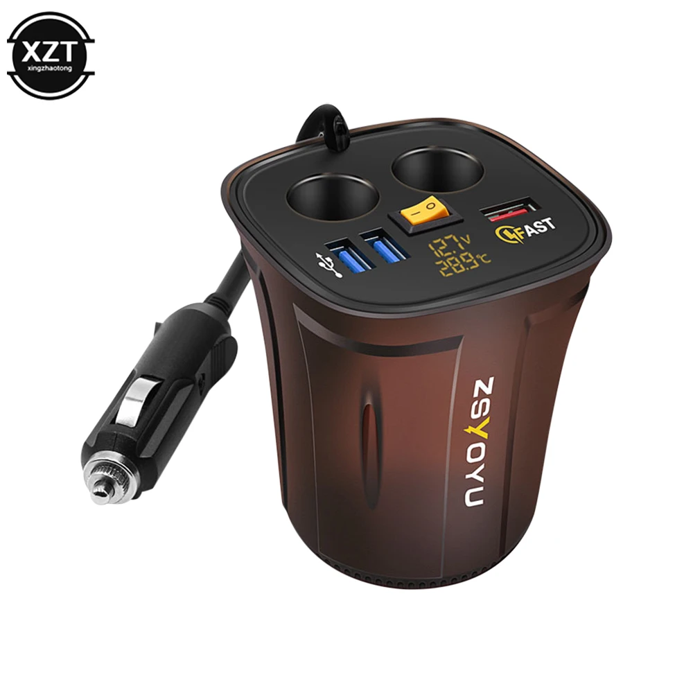 Fast QC3.0 USB Cup Holder Car Charger Adapter Cigarette Lighter Voltmeter  12V Socket Display Temperature Waterproof power switch