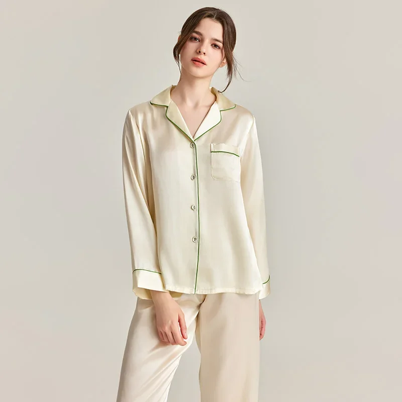 

100% Mulberry Silk Long Sleeved Pants Casual Home Clothes Set Solid Color Spring and Autumn Women's Pajamas Nightwear Lapel PJS