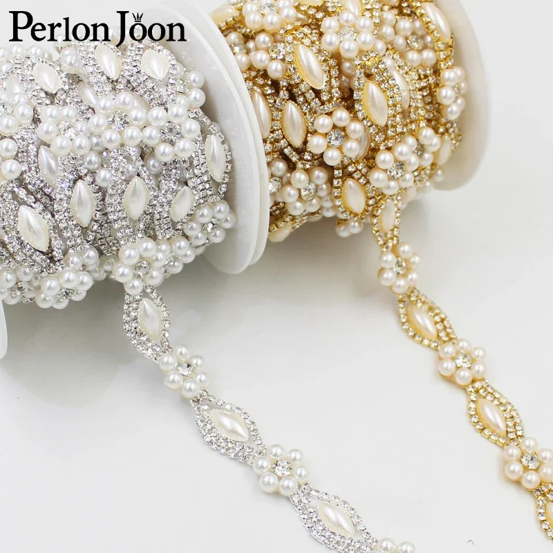 Pearl flower rhinestone trim plating gold silver flatback pearl crystal decorative chain clothing accessories ML090