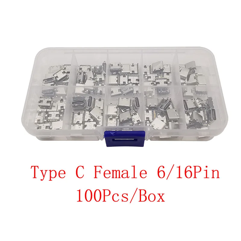 100Pcs USB Type C Female Connector 6P 16 Pin SMD SMT PCB Soldering Charging Port Dock DIY Repair USB Type-C Socket Jack Adapter