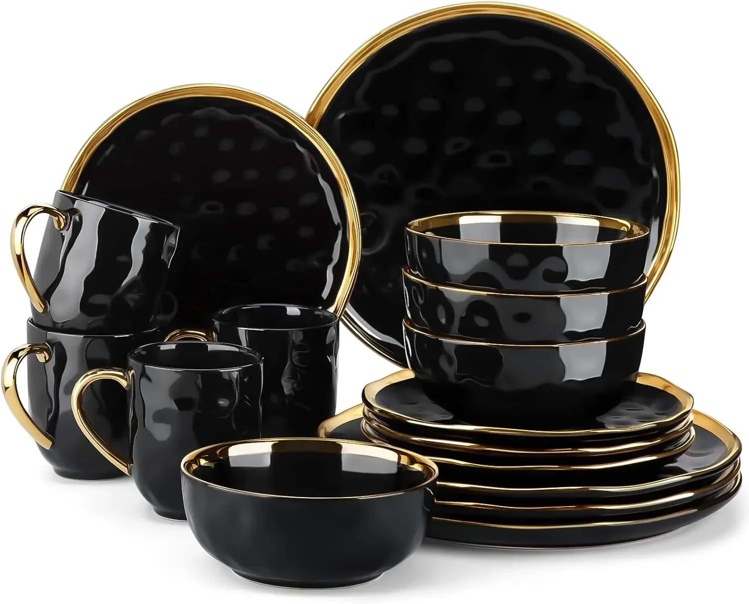 

16 Pieces Plates and Bowls Sets, Porcelain Black and Gold Dinnerware Sets, Round Dinner Plates Dishes Set Service for 4, Dishwas