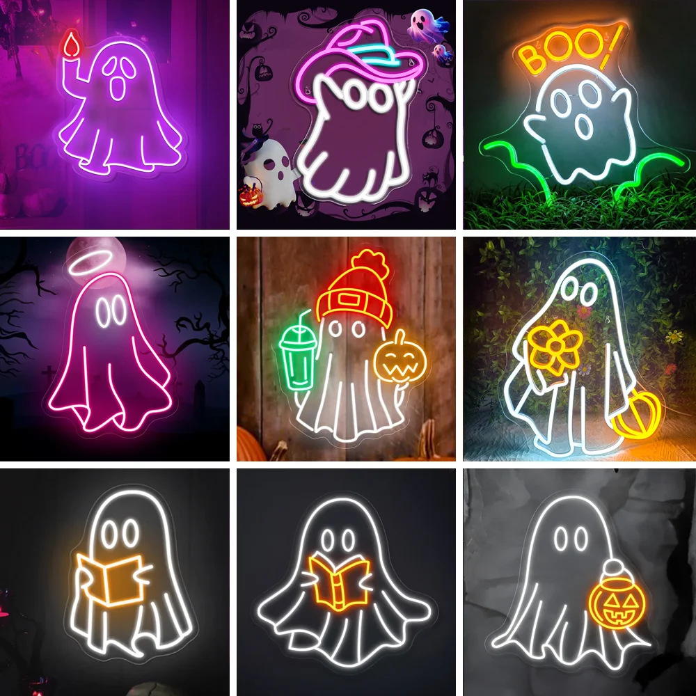 

Halloween Ghost Neon Sign for Wall Decor BOO Ghost Neon Light Dimmable USB Powered Halloween Party Game Room Bar Neon Decor